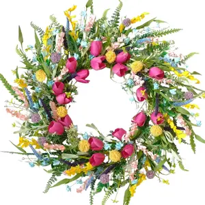 Bibelot 22-Inch Synthetic Lifelike Spring Tulip Wreath - Handcrafted with Tulips, Forsythia, Lavender for Front Door, Indoor-Outdoor Home Wall Window Decor room decorations