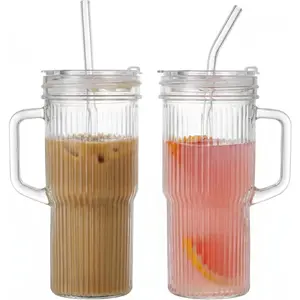 2-Pack 24oz Ribbed Glass Tumbler with Leak-Proof  & 9.84" Glass Straws -  lcedCoffee Mason Jars for Smoothie, WaterJuice,, Dishwasher Safe