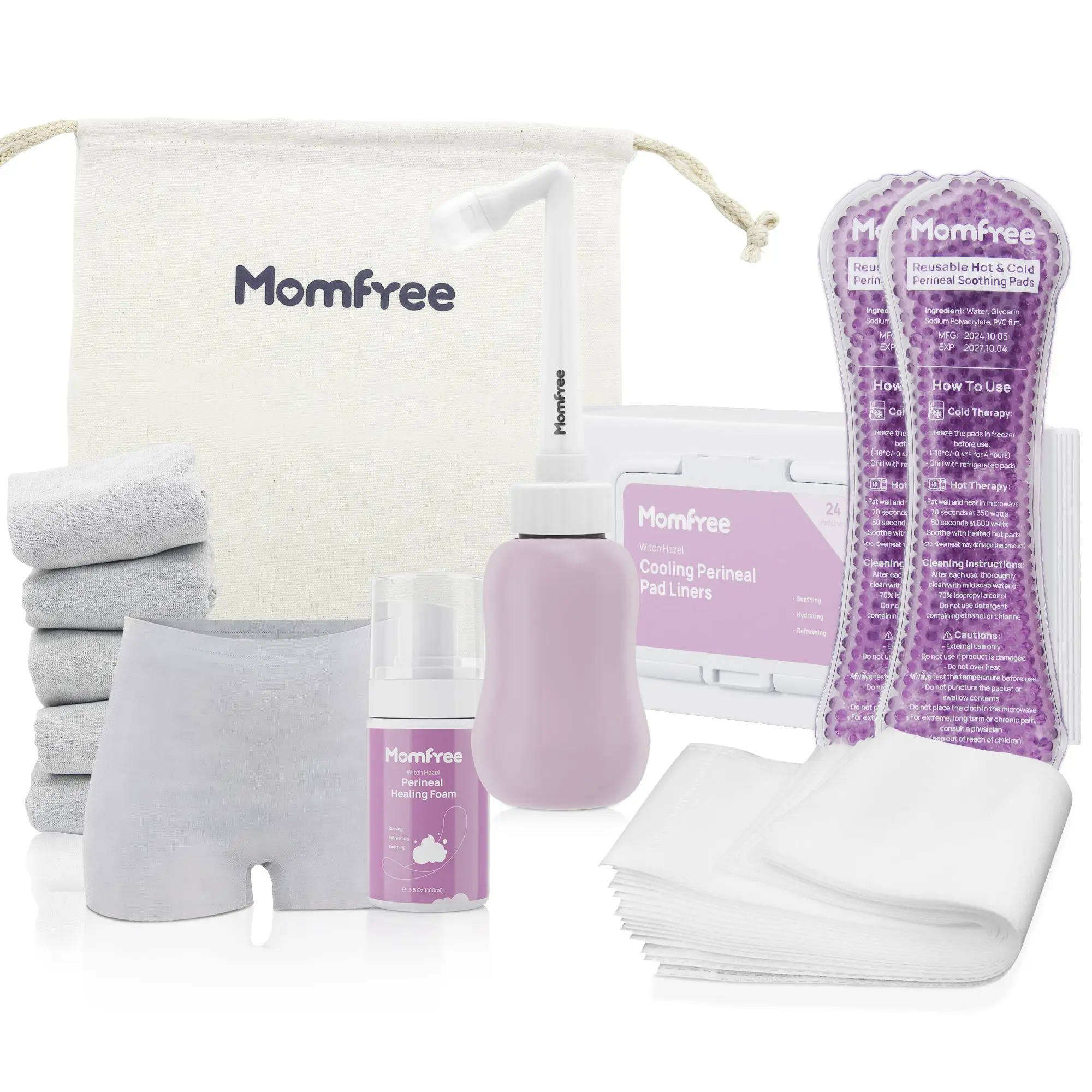 MOMFREE 7-Piece Maternity Supplies Kit for New Moms, Postpartum Perineal Care Essentials with Gentle Skin Care Foam, Pads & Canvas Bag, Kit Bundle, Soothing Pad Set, Healing Foam, Postpartum Care