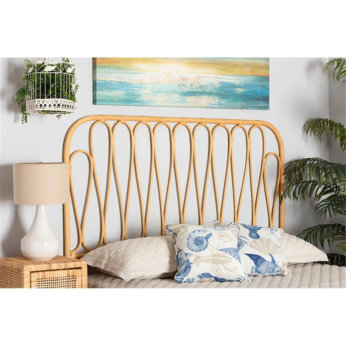 212 MAIN Queen Size Modern Bohemian Rattan Wall Mount Headboard, Natural Brown, 63.8 x 34.3 x 2 in., Baxton Studio Carrick Collection
