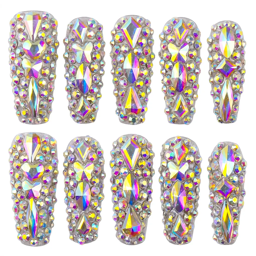 K9 Glass Crystal Couture Drop Collection Handmade Acrylic Press On Nails - 10PCS Reusable Salon Grade Relief Sculpture 3D Flower Rhinestone Luxury Manicure #CoutureNails #DropCollection #HandmadePressOnNails #3DFlowerNails #RhinestoneNails #SalonQuality