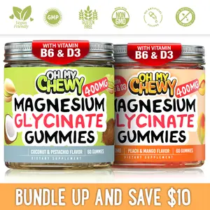 OH MY CHEWY Magnesium Glycinate Gummies Bundle – 2 Bottles (60 Each) – Coconut Pistachio & Peach Mango Healthy Snacks