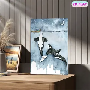 Orca & Moon Watercolor Canvas Wall Art, Whale Nautical Print, Coastal Ocean Decor for Living Room & Bedroom