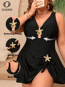New Plus Size European Style Sexy V Neck Women's Dress One-Piece Swimsuit, Pure Color Metal Starfish Accents Backless Swimwear