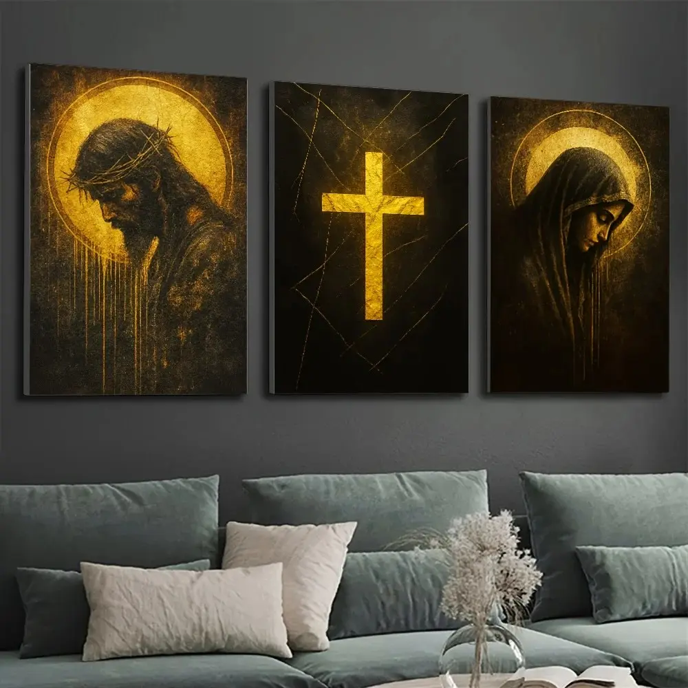 3pcs/set Frameless Religious Canvas Wall Art Set Jesus and Virgin Mary with Golden Cross Design Religious Decoration Home Office Church Decor Indoor Mural Decor Christ Cross Print Spiritual Wall Decor
