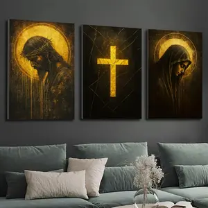 3pcs/set Frameless Religious Canvas Wall Art Set Jesus and Virgin Mary with Golden Cross Design Home Office Church Decor Indoor Mural Decor Christ Cross Print Spiritual Wall Decor