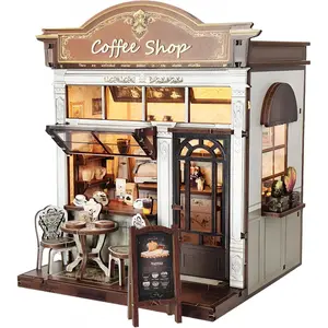 DIY Miniature House Kit, Coffee Shop Book Nook Kit, Mini Building Kit, Dollhouse Kit for Adults and Teens, 3D Wooden Puzzles with LED Light, Craft Kit for Family and Friends(Retro Coffee Shop)