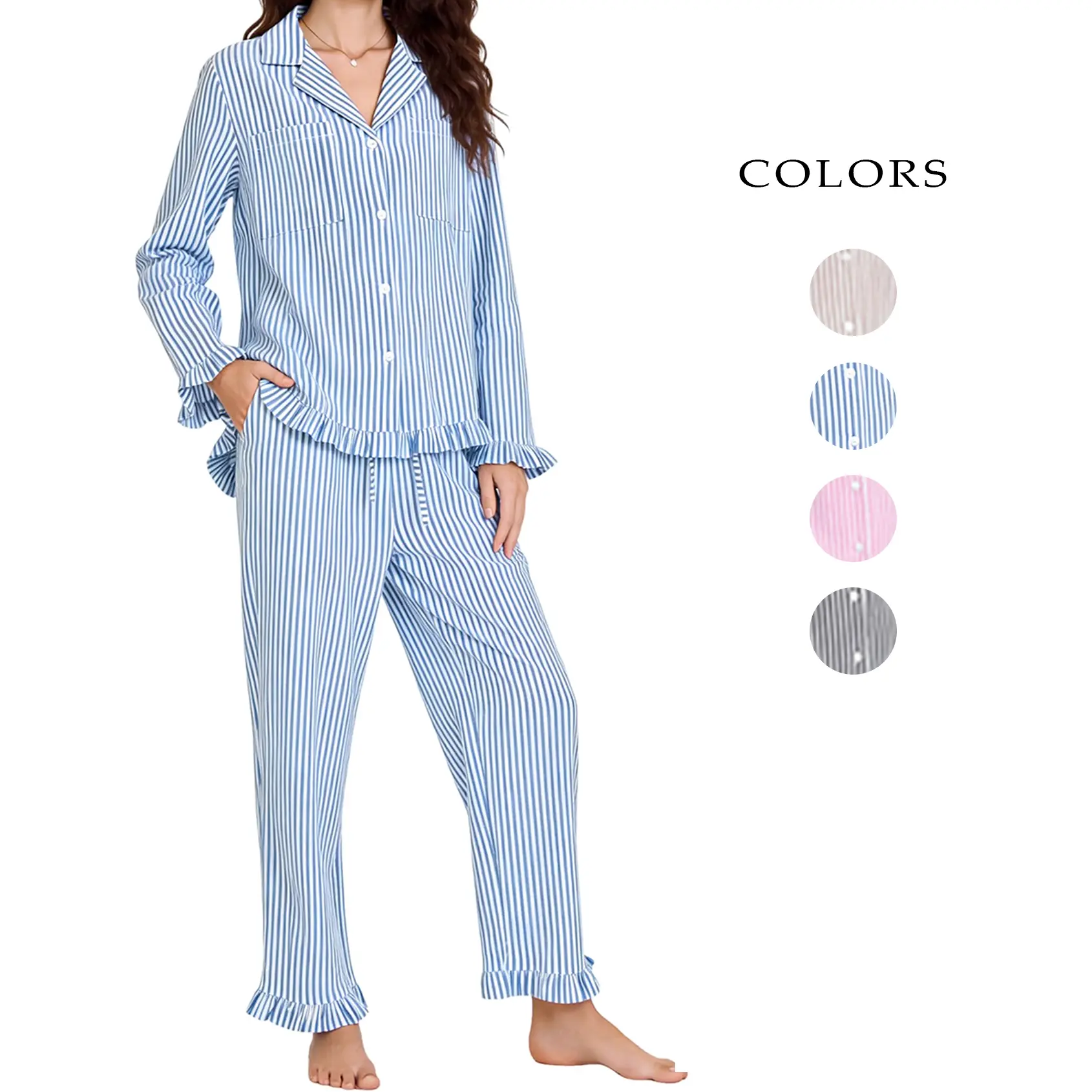 Yimoon Womens Striped Pajamas Set Cotton Pjs Sets 2 Piece Ruffle Long Sleeve Shirt Pants Cute Lounge Set