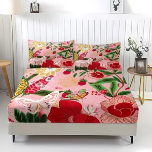 Plant printed decorative illustration pattern printed bedsheet, Floral Bedding, including 1 bedsheet and 2 pillowcases, anti slip and dustproof cover suitable for bedrooms and guest rooms, suitable for personal use or gift giving