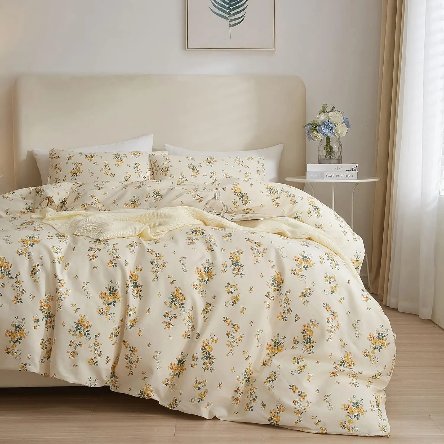 Garden Style Floral Comforter for Queen Size Boho Yellow Floral Sets Fluffy Flowers Leaves Sets for 1 Comforter with 2 Pillow Shams for Women