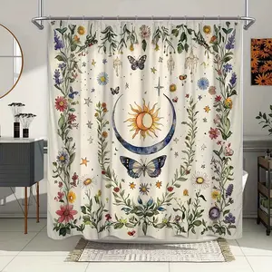 1pc [Vibrant Shower Curtain] Vibrant Polyester Celestial & Botanical Shower Curtain | 70.8x70.8 Inches, 12 Hooks, Playful and Vintage-Inspired Bathroom Decor, Elegant and Whimsical Design, Easy Maintenance, Bathroom Shower Equipment