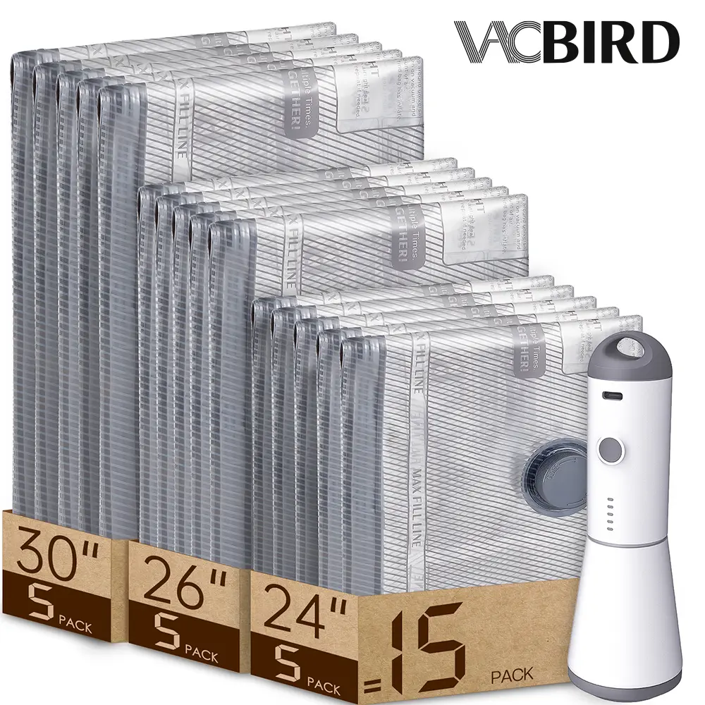 【Summer Vibes 】VACBIRD 2026 Upgraded X7 Cordless Vacuum Bag Set，Summer Vibes Vacuum Bags for Travel with Rechargeable  Pump, 9/12/15/24 Pack Carry-on Packing Bags for Luggage and Suitcase, Space Saver for Clothes and Clothing Travel Zipper Pouches