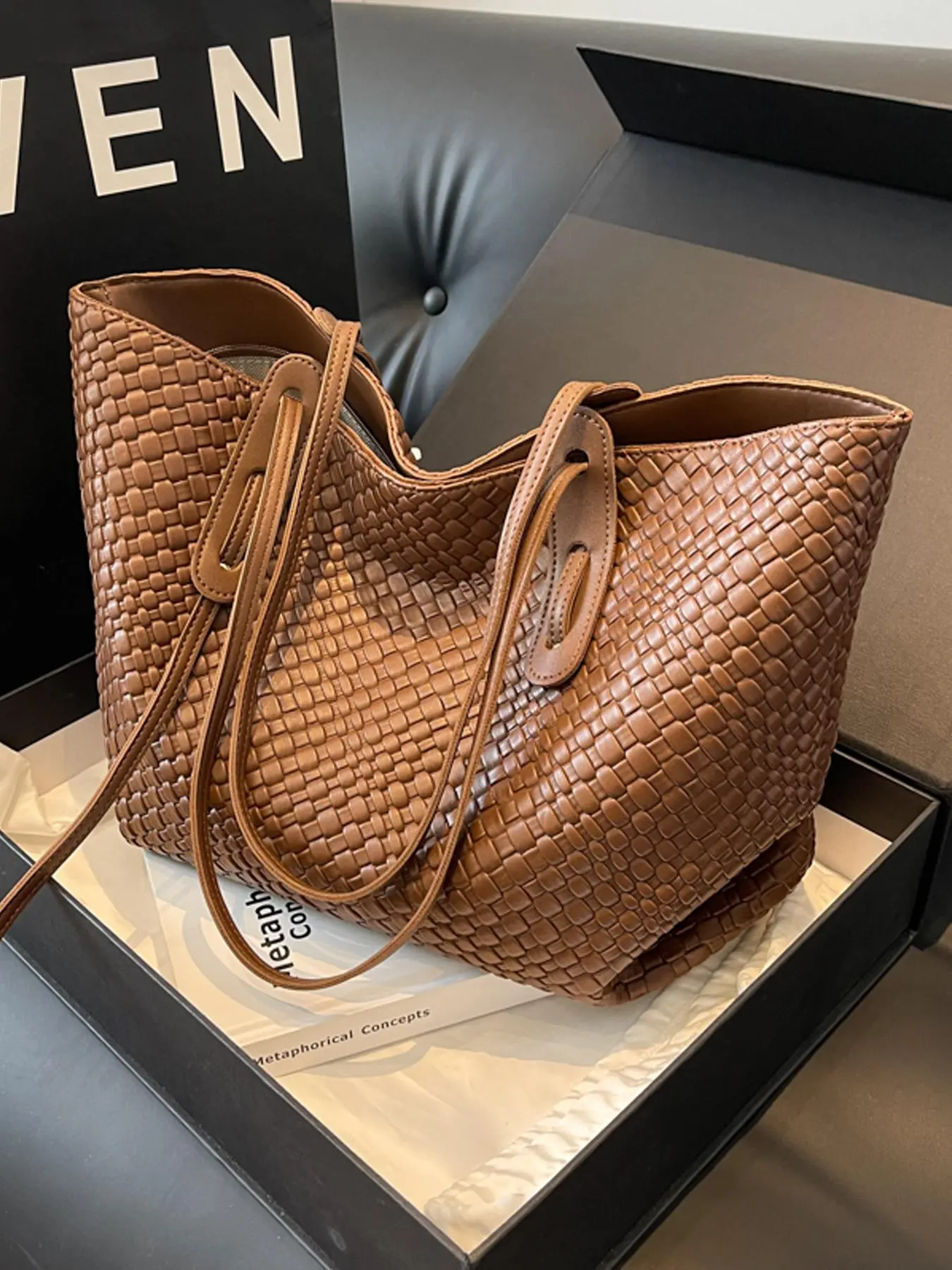 Women's Solid Color Rhombic Lattice Design PU Tote Bag, Fashionable Large Capacity Shoulder Bag for Daily Life, Casual Trendy Versatile Commuter Tote Bag, Practical Bag