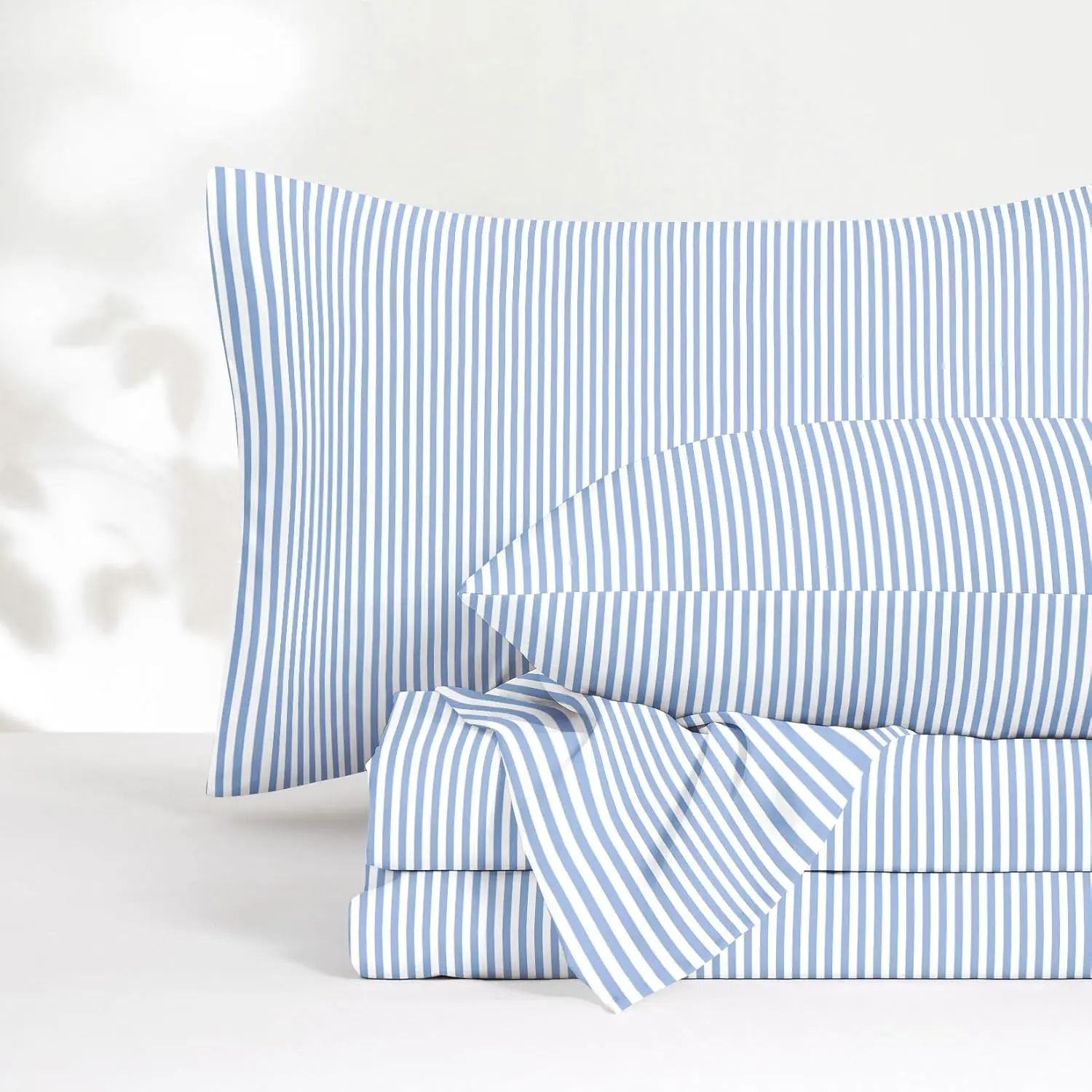 - Striped Bed Sheets, 4- Sheet Set, Tickg Vertical P Stripe Modern Farmhouse  Prted Beddg, Deep Pocket, Blue White,  Size