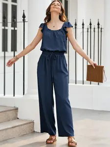 A women's solid color square neck overalls pocketless sleeveless lotus sleeve Casual Fitted Jumpsuit, suitable for summer, suitable for daily outing and home use Straight Leg Jumpsuit