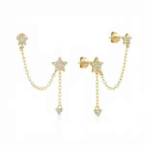 Stellar Connection Double Earrings S925 Sterling Silver Gold Plated Star Chain Threader Dangle Earrings Sparkling CZ Minimalist Jewelry for Women piercing