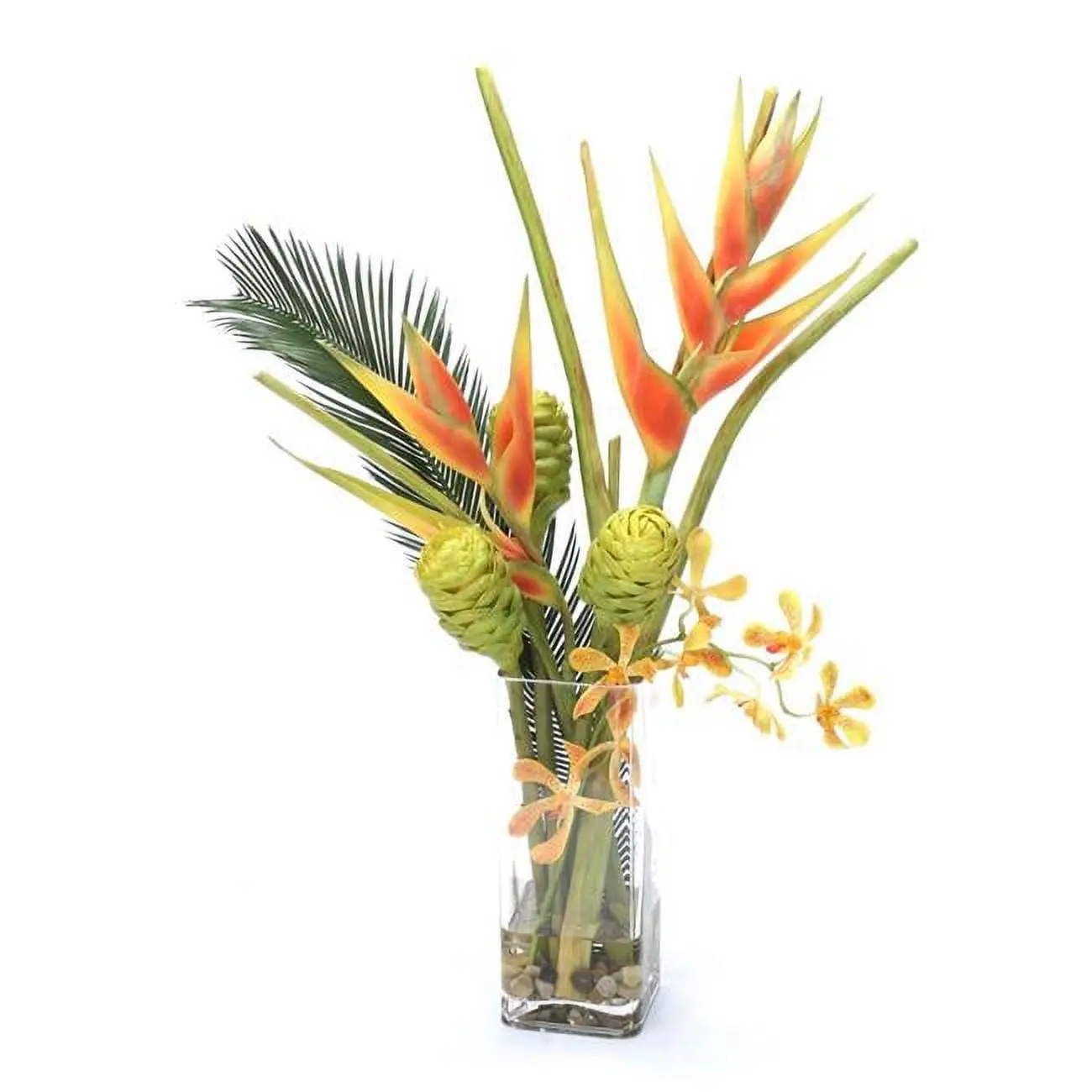 Disttive Designs 17119 Unisex Waterlook-R Dark Orange Helaconia & Green Honeycomb Protea in Tall Square Glass Vase