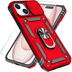 Compatible with iPhone 17 16 15 14 13 12 Pro max plus AIR Case with HD Screen Protector & Slide Camera Cover & Rotated Ring Kickstand, [Military-Grade] Phone Case for iPhone 15,Red