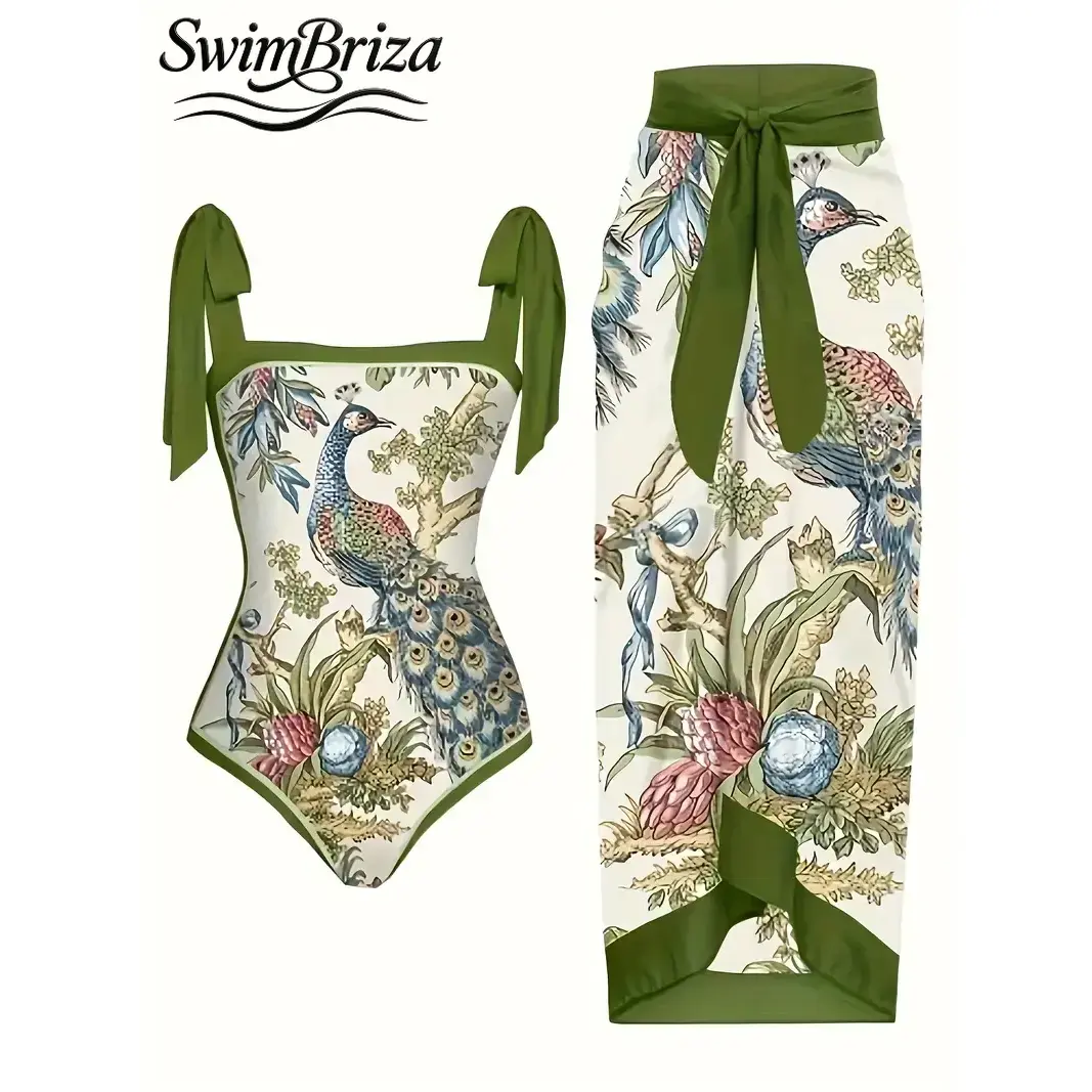 Briza｜Tie Shoulder One Piece Swimsuit In Olive Peacock Floral Retro Swimwear With Sarong As A Bathing Suit Fancy Bathing Suit Women Set For Resort Days, Vacation Swimwear For Women, Swimsuit Cover Up For Women And Bathing Suit Cover Ups