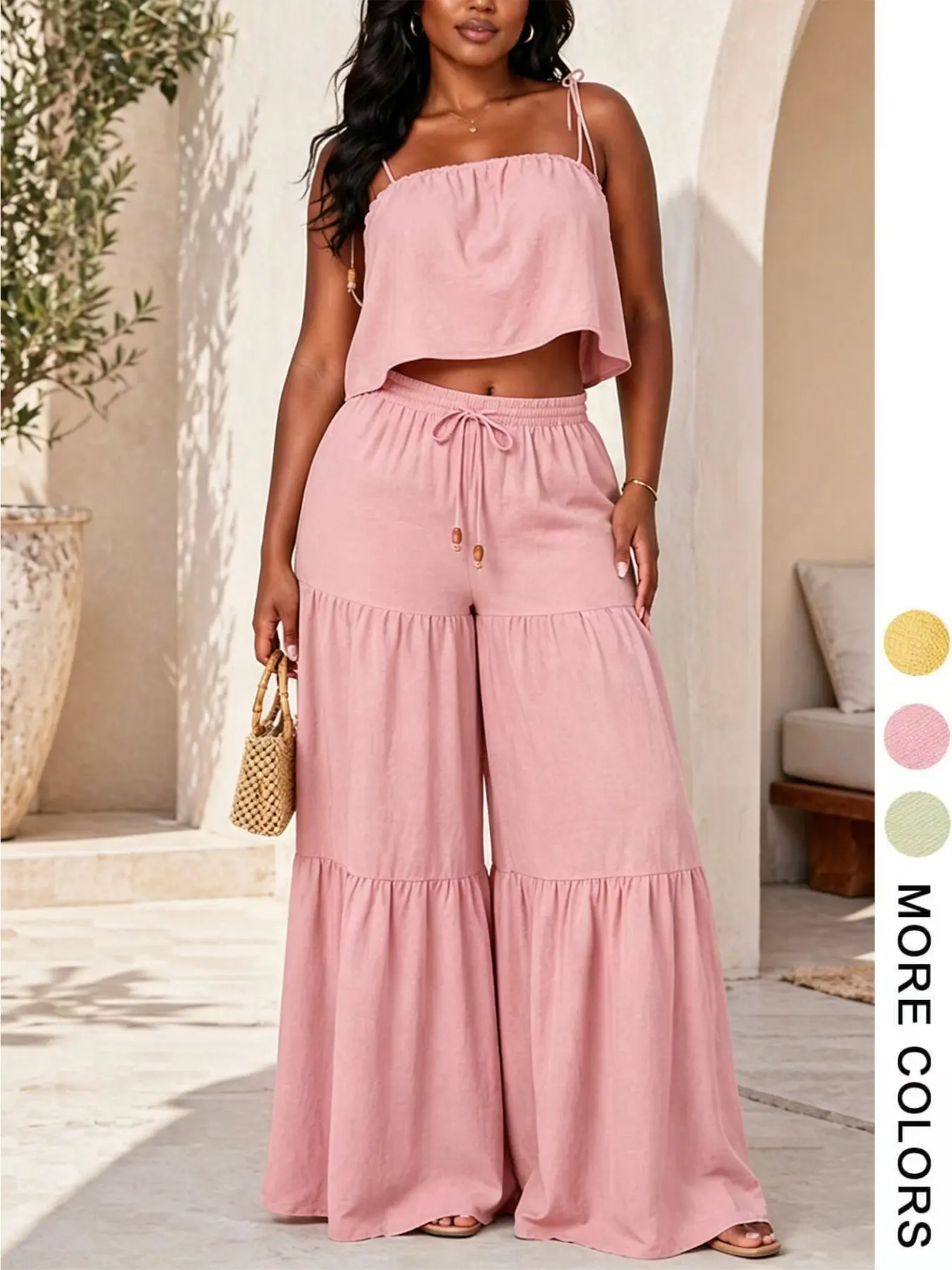 Women's Two-Piece Set, Casual Set, Womenswear, Short Backless Spaghetti Strap Sleeveless Top + High-Waisted Flare Pants, Vacation Commute, Slimming, Fresh Relaxed Style, Spring Summer Essential