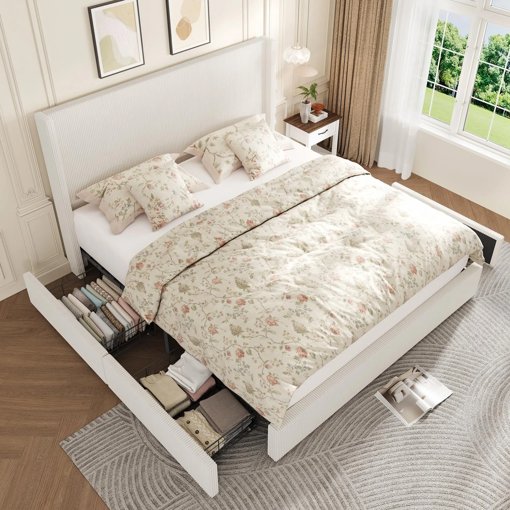Garvee Modern Boho Upholstered Platform Bed with Corduroy Tufted Wingback Headboard, 4 Storage Drawers, Sturdy Wood Slats, Easy Assembly, No Box Spring Needed, Available in King and Queen Sizes, Light Beige