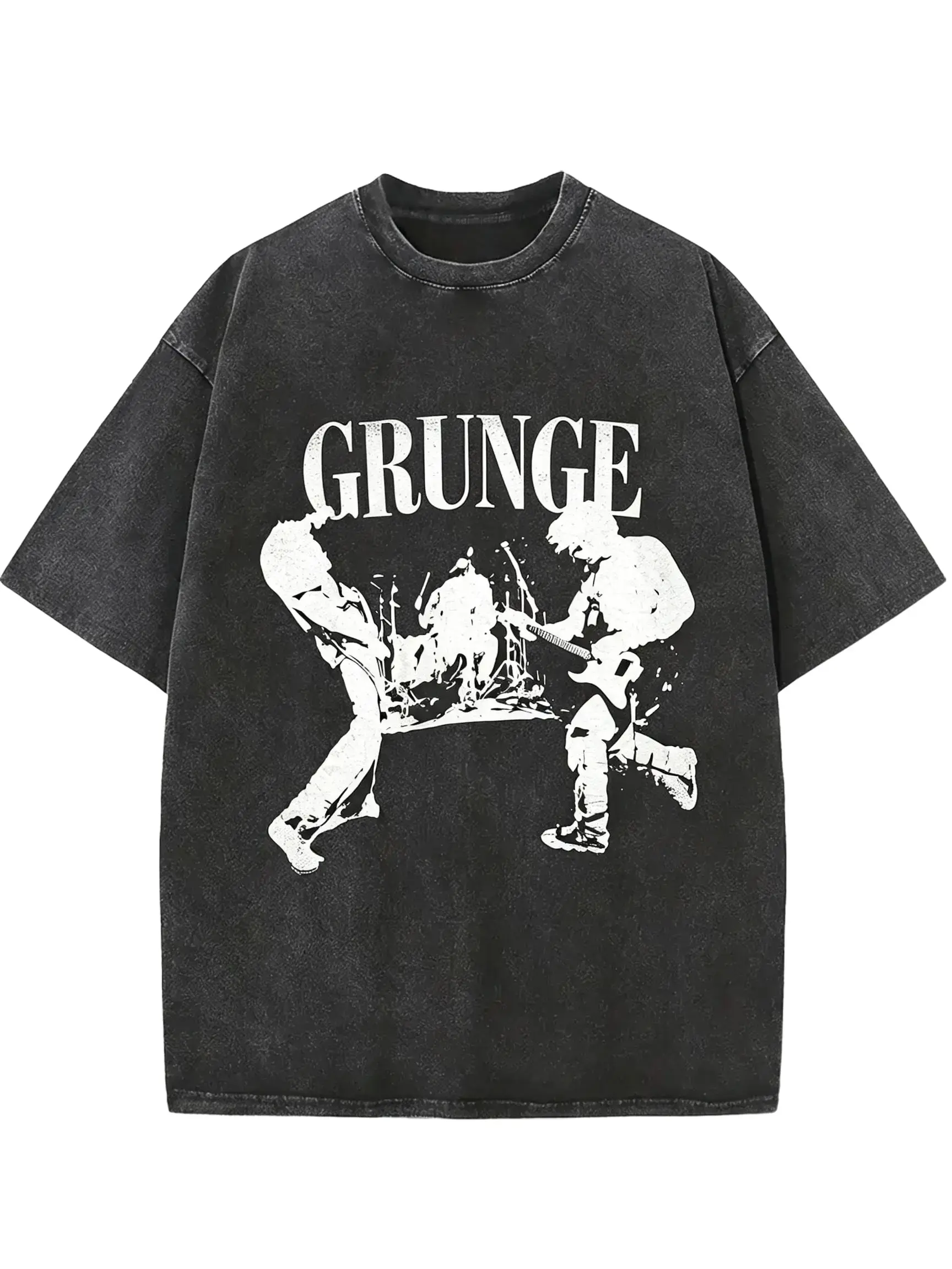 Menswear Vintage-Style Washed-Finish Short-Sleeve Round Neck Casual Streetwear T-Shirt - 90s Rock-Inspired "GRUNGE" Graphic, Loose-Fitting Unisex Distressed Tee, Ideal Gift for Music Fans, Shortsleeve, Top