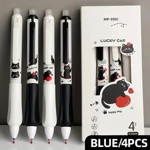 4pcs Cat Pattern Erasable Gel Pens Set, 0.5mm Smooth Dry Fast Drying, Blue, Office School Supplies, Back-To-School Gift