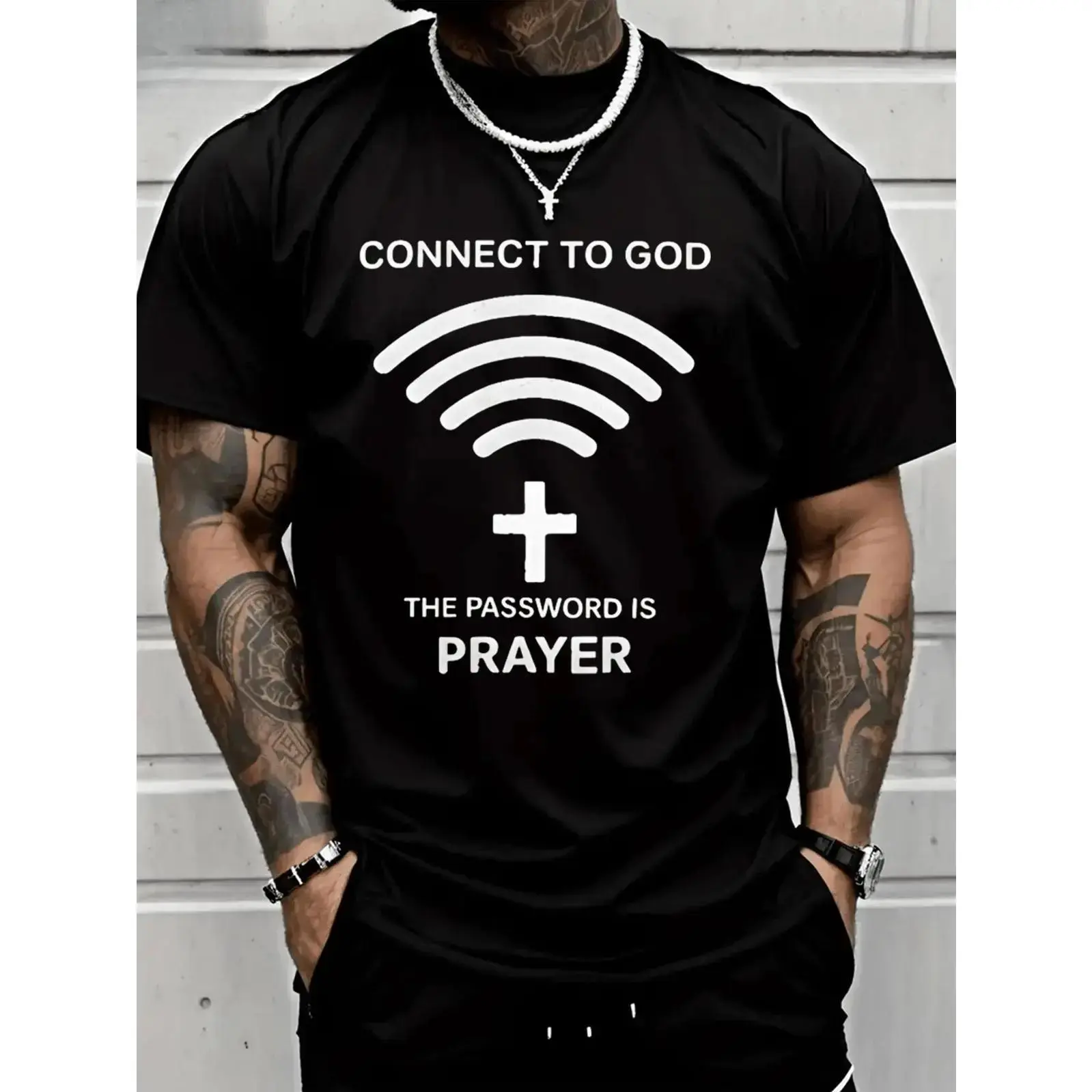 FEEGO Men's "Connect To God The Password" Graphic T-Shirt, Heavyweight Casual Short-Sleeve Menswear Top, Stylish Tshirt
