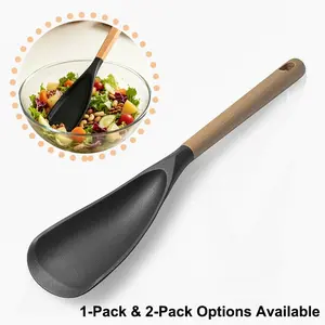 Silicone Cooking Utensil Set, 2 Counts Nonstick Cooking Spoons with Wooden Handles, Kitchen Cooking Utensils for Mixing, Scooping and Scraping, Nonstick Cooking Spoon, Kitchen Utensils Gadgets