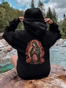 Women's Our Lady Of Guadalupe Print Hoodie, Drop Shoulder Adjustable Drawstring Pocket Hooded Sweatshirt, Tops, Long Sleeve Hoodie for Fall & Winter