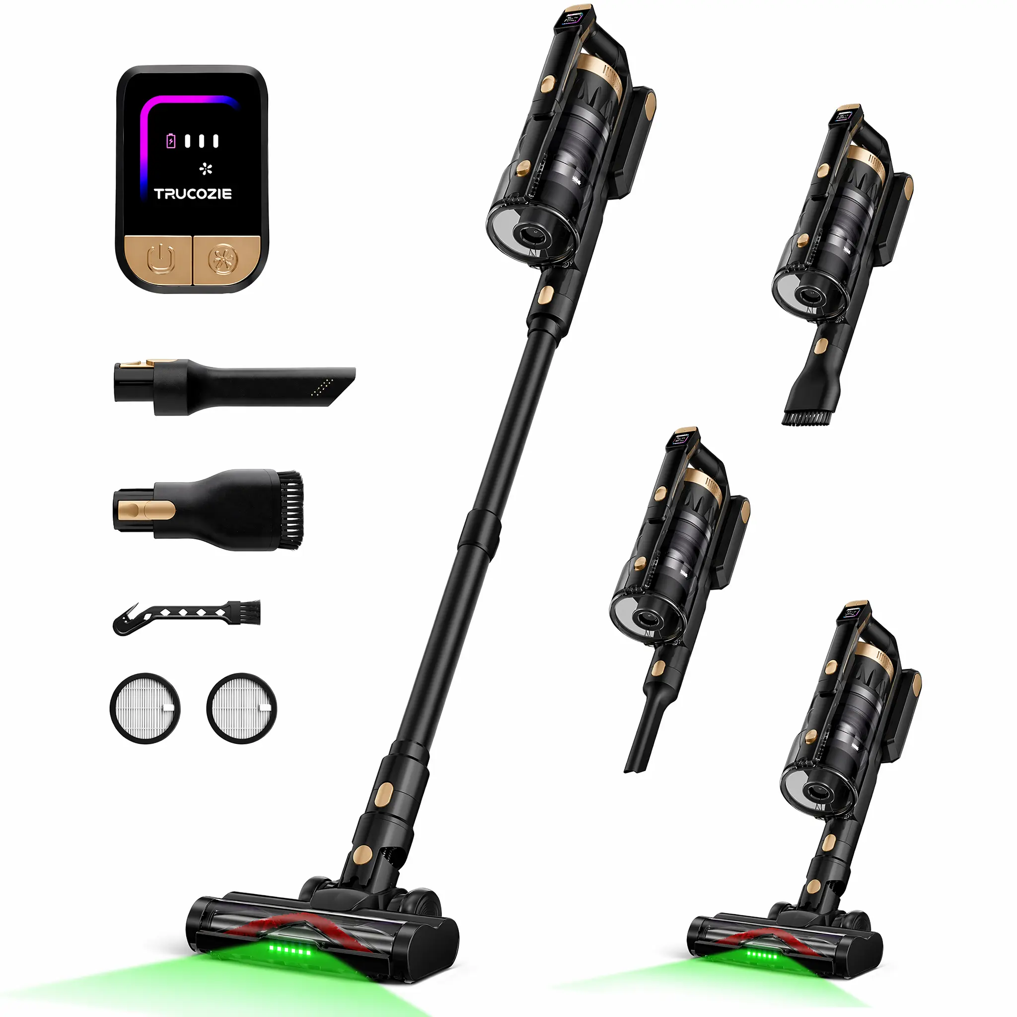 【2026 New Arrivals】Trucozie T553 Cordless Vacuum Cleaner for Home, Upgraded 60Kpa Powerful Suction Pet Hair Vacuum with 70min Runtime, Green LED Light for Hardwood Floors & Carpet, Self-Standing Rechargeable Stick Vacuum