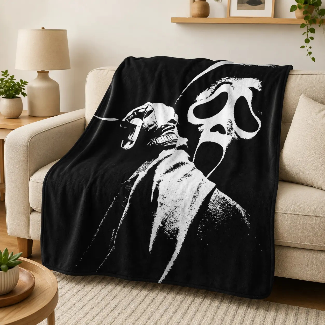 Scream Ghostface Monochrome Flannel Blanket Soft Black White Horror Throw Blanket Ultra Soft Cozy Warm Plush Blanket for Bed Sofa Couch Bedroom Halloween Decor Movie Night Gift Birthday Gift for Horror Fans