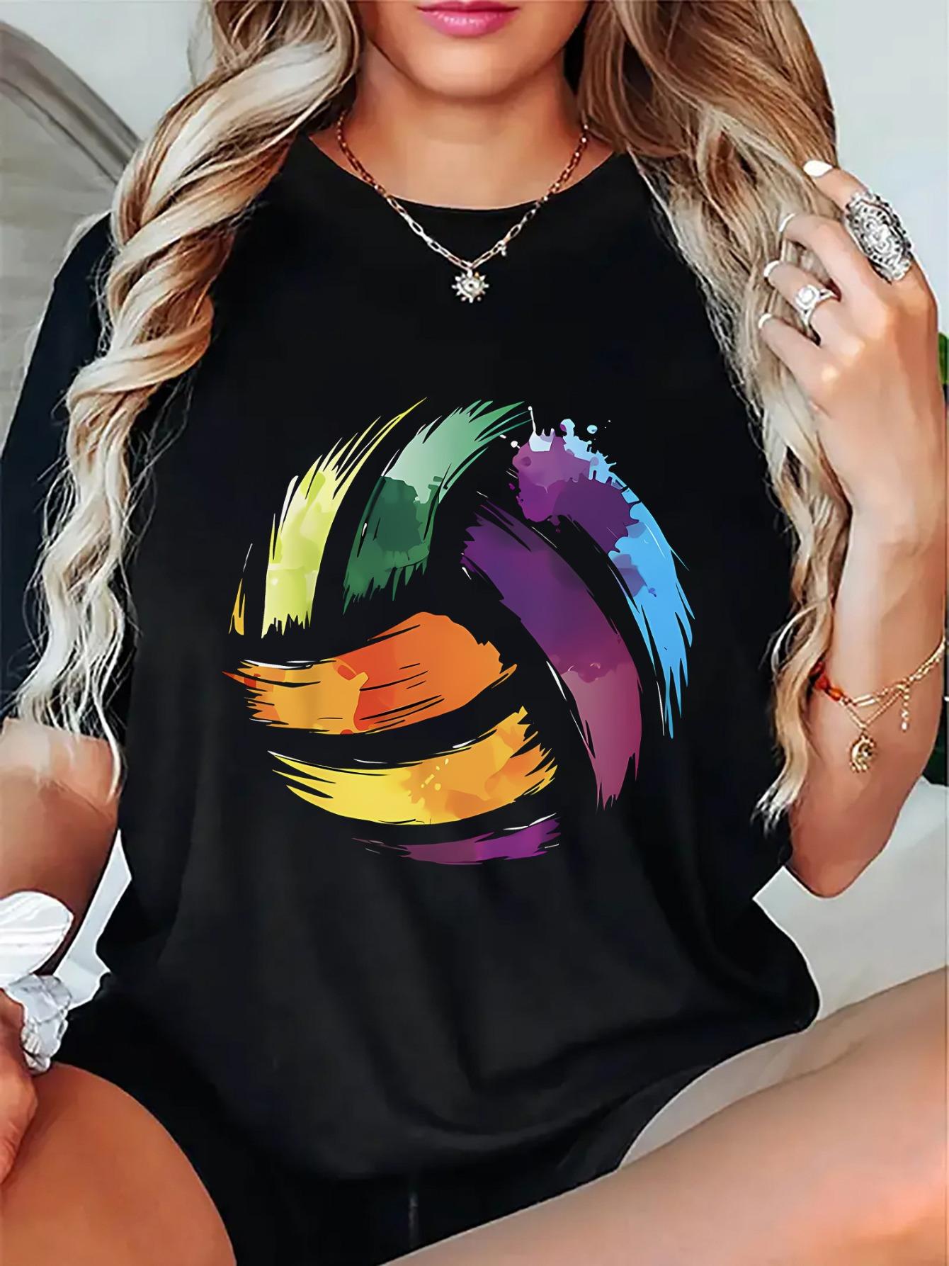 Vibrant Rainbow Volleyball Graphic Women'S Summer Short Sleeve Top - Relaxed Fit Tee for Sports And Casual Wear