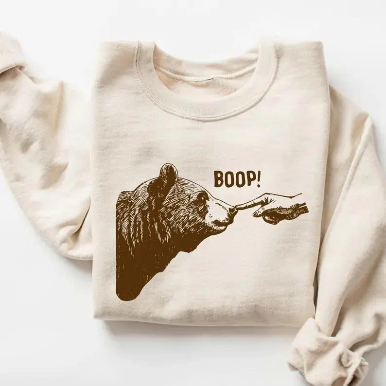 Boop! Sweatshirt, Vintage Bear Finger Touching Nose Shirt, Funny Retro Sweatshirt, Graphic Unisex Vintage Animal Funny Meme Crewneck Shirt