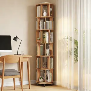 Solid Wood Rotating Bookshelf, 6-Tier 360° Spinning Round Bookcase on Wheels, Narrow Rolling Bookshelf Tower for Kids, Bedroom, Office, Small Space