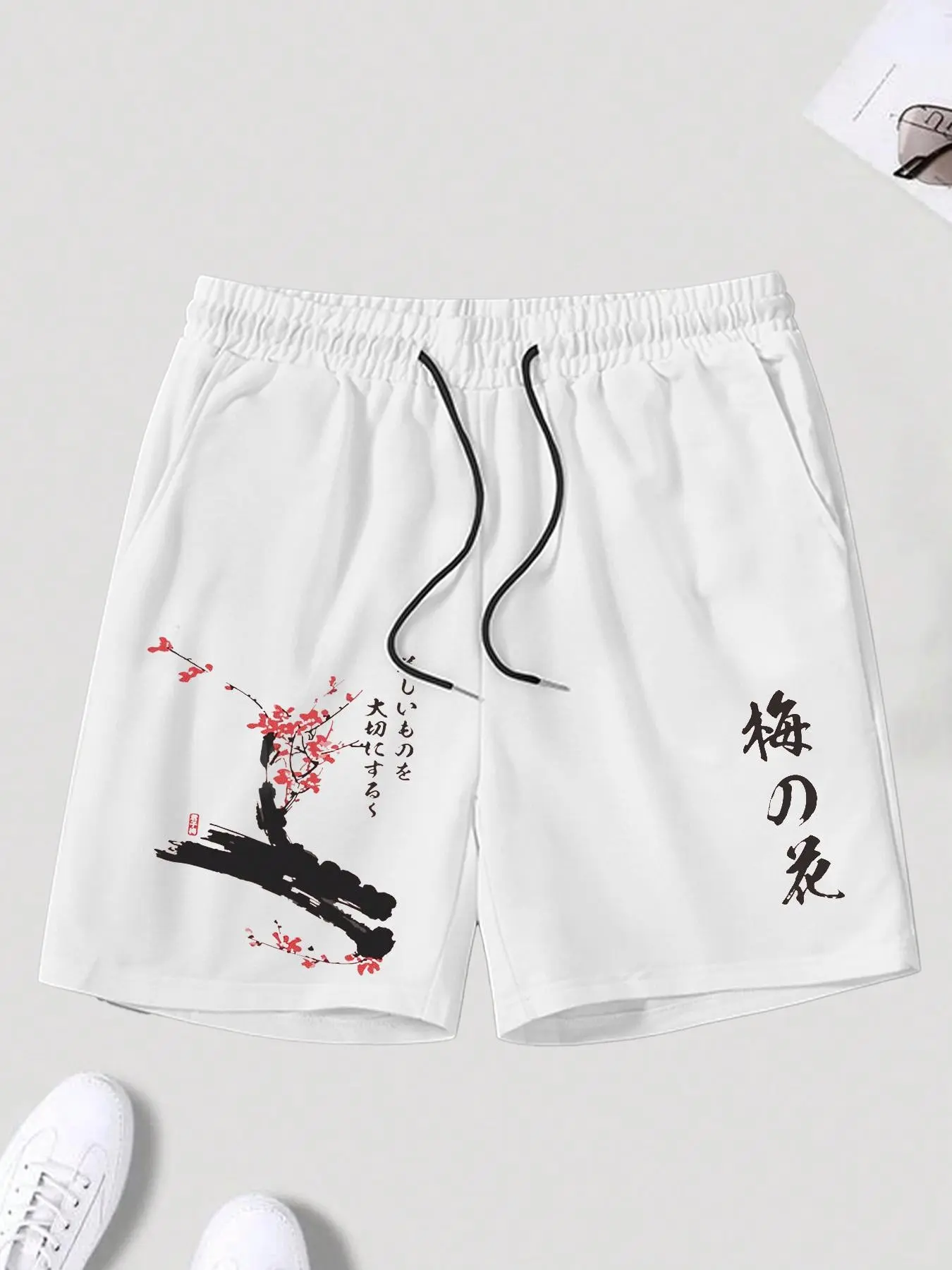 Men & Women Japanese Plum Blossom Ink Print Casual Shorts – Summer Streetwear Beach Drawstring Shorts for Teens & Young Adults | Vacation, Gym, Lounge, Y2K Aesthetic