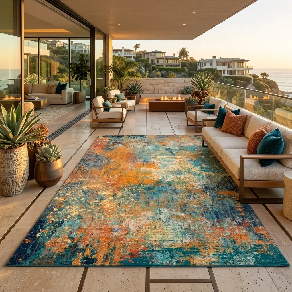 Washable Short-Pile Living Room Boheme Area Rug, Abstract Vintage Blue-Yellow Oriental Design, Non-Slip Soft Tough Stain Rug, Ideal for Indoor Kitchen & Outdoor Patio Decor, Tough Area Rugs, Stain Area Rugs