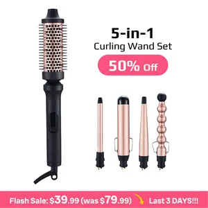 Multi-Curl 5-in-1 Ceramic Curling Wand Set,thermal brush,Interchangeable Ceramic Curling Barrels, Tapered & Bubble Curling Wand, Instant Heat Curling Iron, Blowout Brush Styling Tool for Loose Waves, Tight Curls, Volume, Bangs, curling irons, Gift