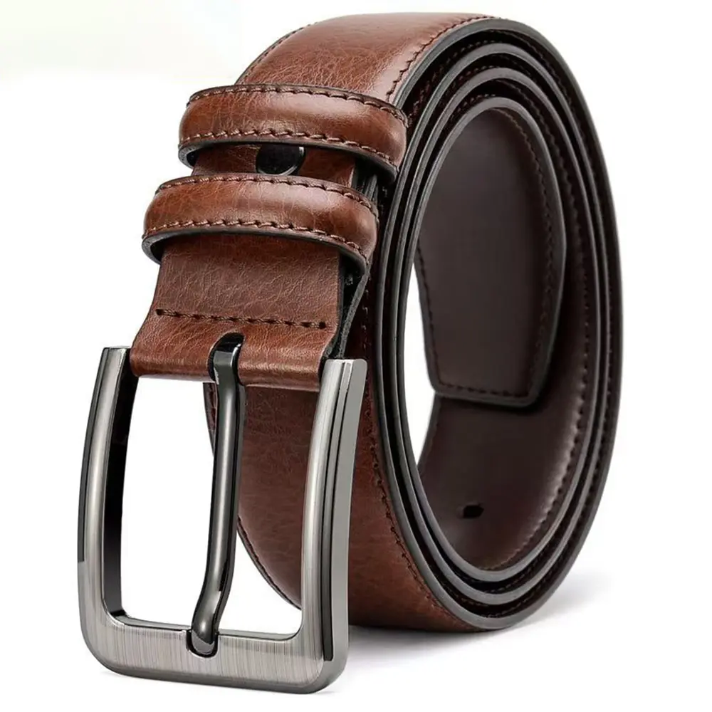 Men’s leather belt with a pin buckle featuring an adjustable classic rectangular head and a vintage cracked texture; a durable, casual yet formal dress belt suitable for various occasions—an excellent gift for Valentine’s Day and Father’s Day.