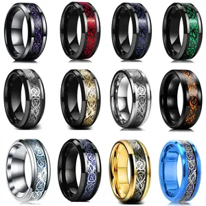 2025 Jewelry Design 20 Colors Men Jewelry Red Blue Black Dragon Inlay Comfort Fit Stainless Steel Rings For Wedding Wide 8mm