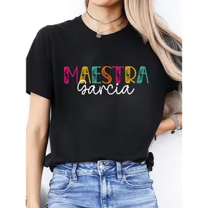 Custom Maestra Garcia Spanish Teacher Shirt, Personalized Teacher Name Tee, Floral Letter Print T-Shirt, Cute Teacher Appreciation Gift, Women’s Casual Back to School Outfit