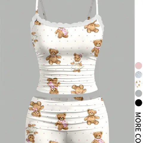 Two-Piece Set Women's Cartoon Bear Print Spaghetti Strap Cami Top & Shorts, Casual Cute Top & Shorts for Summer, Ladies Clothes for Daily Wear, Camisole Sets