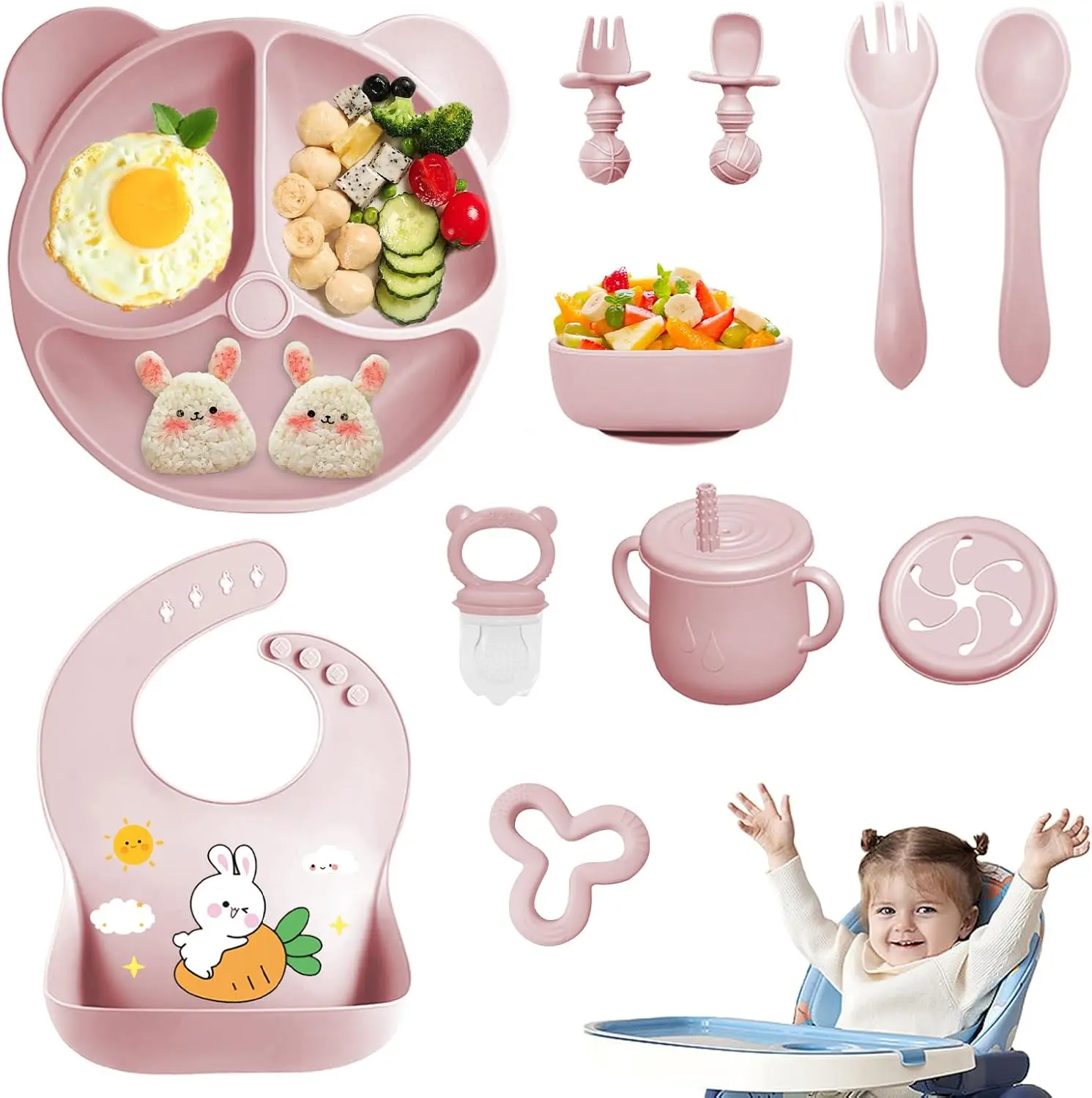Sohochic 11-Pcs Unisex Pink Silicone Animal Print Baby Feeding Set - 6+ Months Baby Led Weaning Supplies, Adjustable Bib, Suction Bowl, Divided Plate, Cup, Secure Grip Spoons, Forks for First-Stage Solid Food