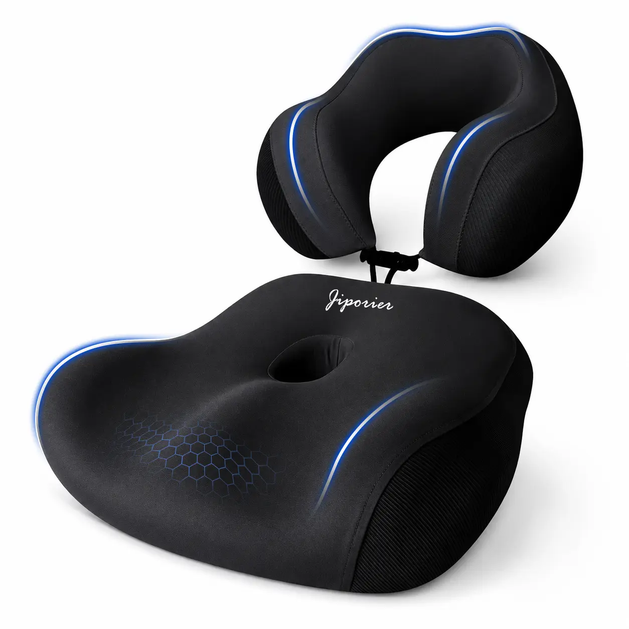 Durable Memory Foam Seat Cushion & Neck Pillow Combo - Hip, Tailbone & Sciatica Relief, Non-Slip Bottom, Built-In Handle, Travel-Ready Carry for Truck Drivers & Long Sitting