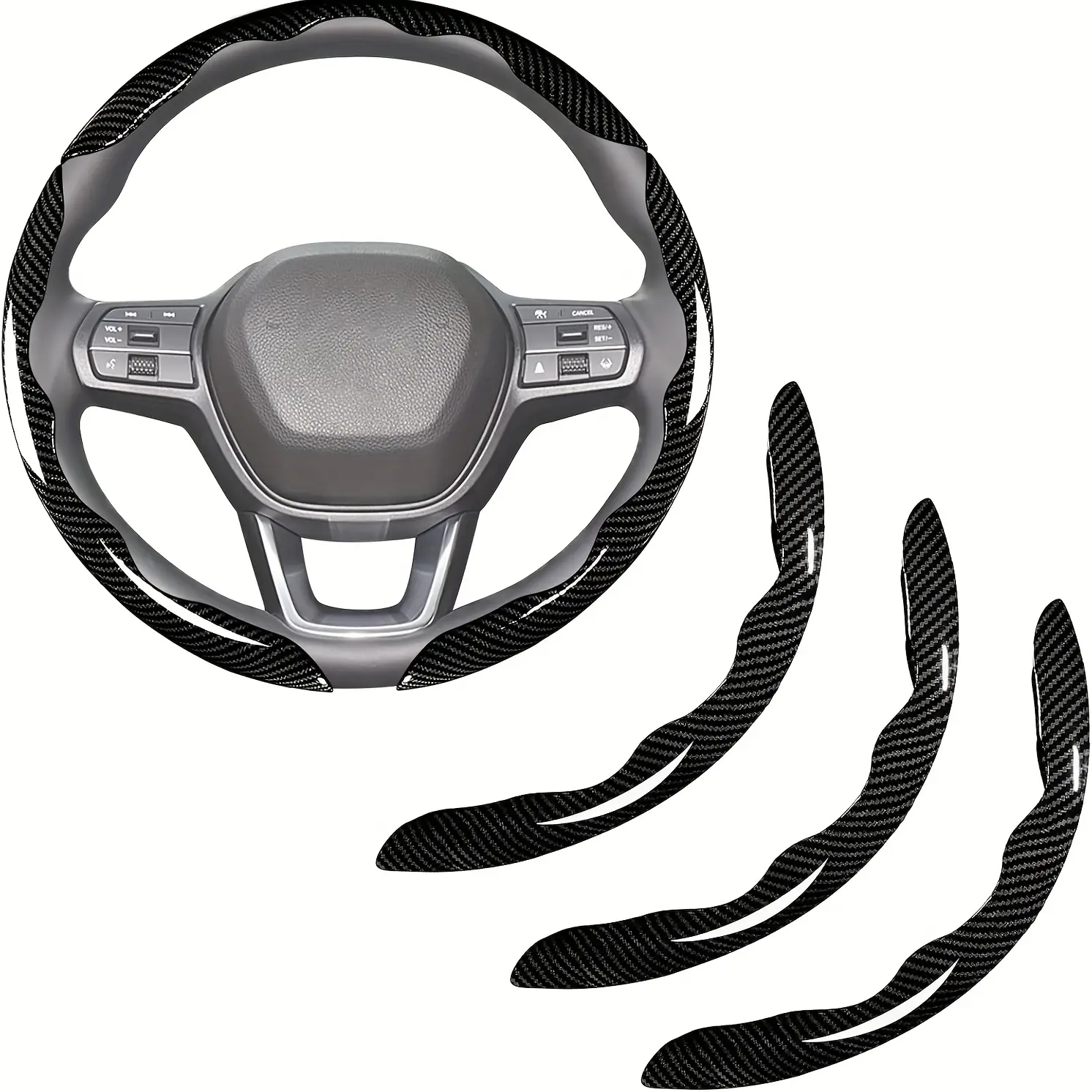3-Piece Carbon Fiber Automotive Steering Wheel Cover Set - Anti-Slip, Wear-Resistant, Glossy Grip Protector, Universal Car Interior Kit, Vehicle Accessories, Auto Accessories for Cars, Truck Insert Parts (Black)
