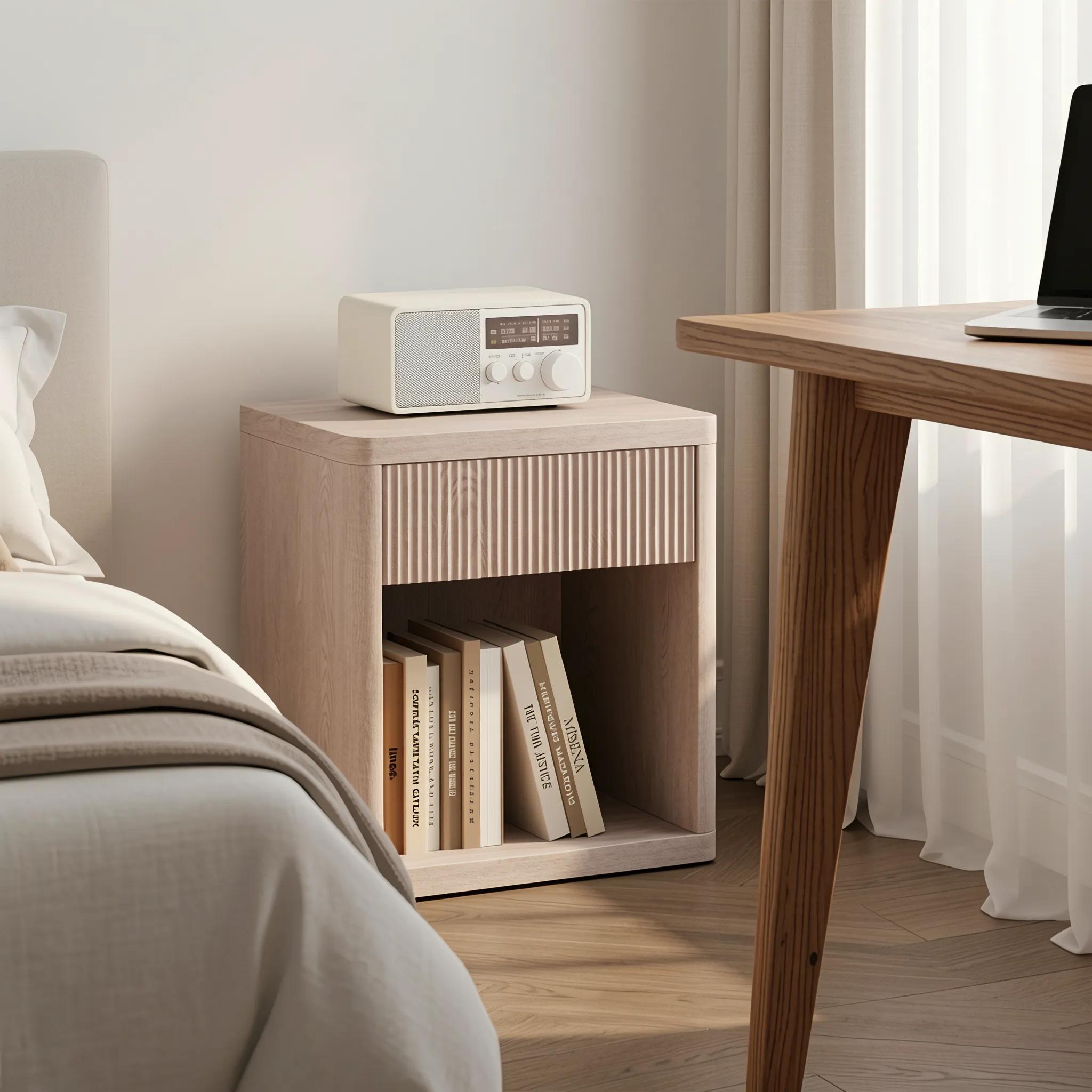 Mid-Century Modern Fluted Nightstand - 1-Drawer, 37mm Thick Body, 15 lbs Capacity, Durable Strong Construction, Open Shelf, Spacious Top, Particle Board Panel, Compact Indoor Bedroom Bedside Table Drawers for Small Spaces Mid-Century Modern Fluted Nightstand - 1-Drawer, 37mm Thick Body, 15 lbs Capacity, Durable Strong Construction, Open Shelf, Spacious Top, Particle Board Panel, Compact Indoor Bedroom Bedside Table Drawers for Small Spaces