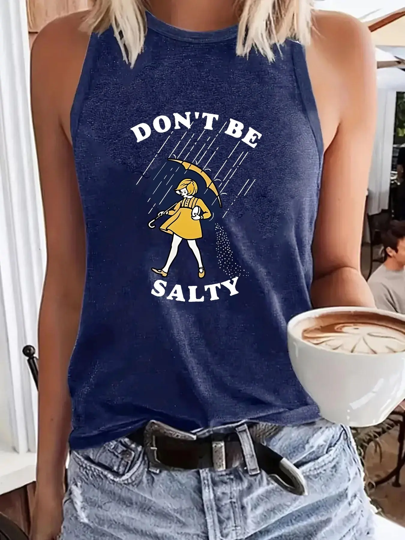 Women's Umbrella Girl Print Round Neck Fit Tank Top, Casual Beach Tank Sleeveless Top for Summer, Ladies Clothes for Daily Wear, Socks, Womenswear