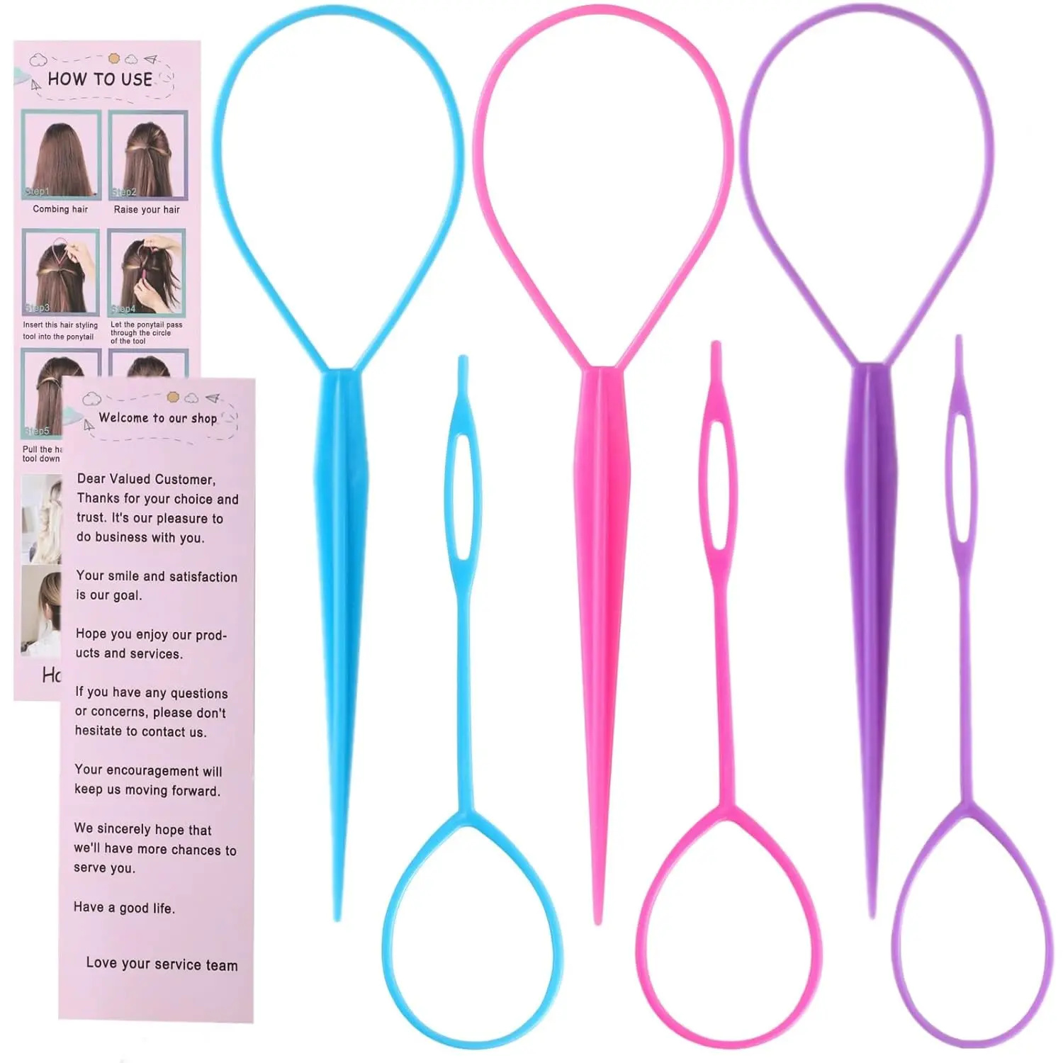 Topsy Tail Hair Tool Set - 6 count Loop Styling Tool, Ponytail Pull Through, Two Sizes, 3 Colors (Pink/Purple/Blue) for Women, Girls &