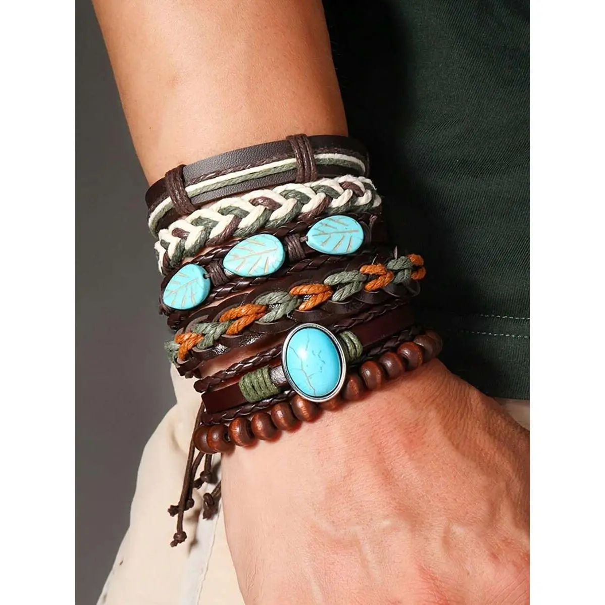 12/24/36/48Pcs Bohemian Vintage Western Cowboy Pu Leather & Turquoise Beaded Bracelet Set, Multilayer Woven Faux Leather Bangle With Feather & Floral Charms, Unisex Fashion Jewelry For Women Men Daily Wear Jade Green Lemon Jade