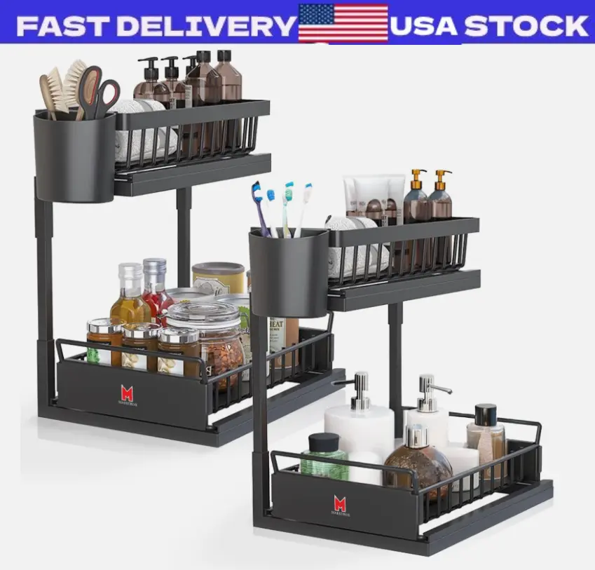 Maestrox 2-Pack L-Shaped Sliding Under-Sink Organizers, Designed for Tight Space